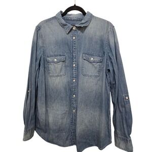Talbots Women's Light Wash Denim Shirt Button-Up Front Stely Wester Long Sleeves